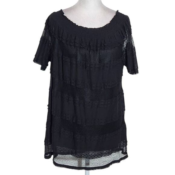 Time and Tru Black Lace Blouse NWT Size Large 12-14 Black Mesh Boho Blouse - Picture 1 of 9